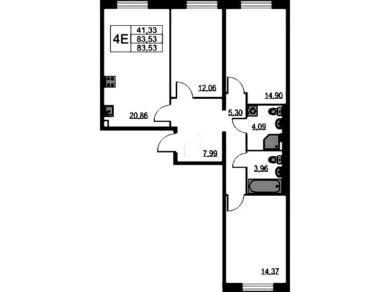 3-комнатная квартира 83.53 м², 1/9 эт., ЖК «Квартал Лаголово»